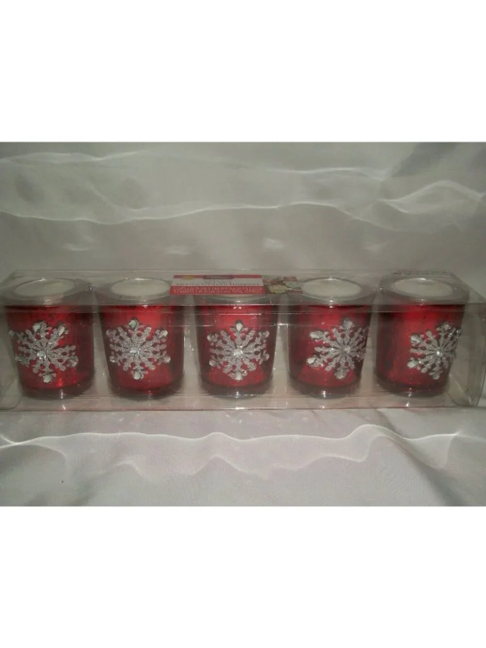 Red Christmas Holiday 5 Piece Votive Candle Glitter Snowflake Gift Set Table
